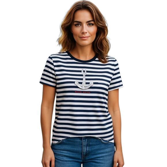 Zara Diving Moments Pearls‎ Anchor Sea Shirt Striped Round Neck Women's Small - Picture 1 of 9